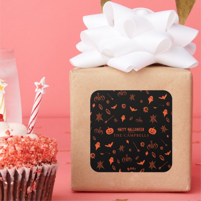 Pegatina Cuadrada Halloween Naranja negro fantasma adorable (Fiesta)