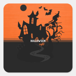 Pegatina Cuadrada Halloween Night Witch and Bats Hunt House