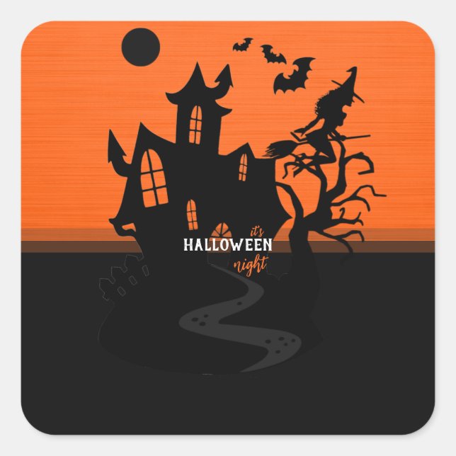 Pegatina Cuadrada Halloween Night Witch and Bats Hunt House (Anverso)