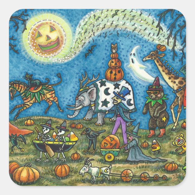 Pegatina Cuadrada HALLOWEEN PARADE Witch Giraffe Bear Zebra Skellis (Anverso)