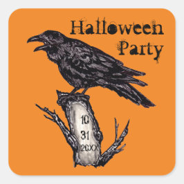 Pegatina Cuadrada Halloween Party Date Naranja Gothic Raven Crow