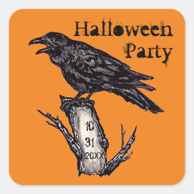 Pegatina Cuadrada Halloween Party Date Naranja Gothic Raven Crow (Anverso)