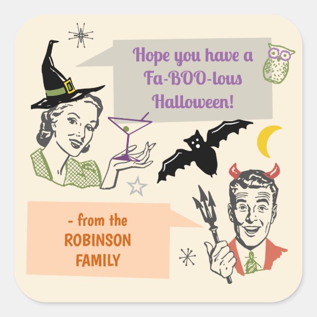 Pegatina Cuadrada Halloween Party Retro Humor Fabolous Custom Name (Anverso)