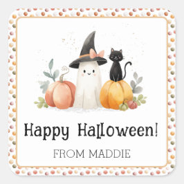 Pegatina Cuadrada Halloween personalizado de fantasma y gato negro