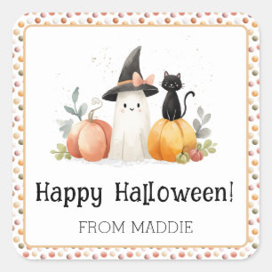 Pegatina Cuadrada Halloween personalizado de fantasma y gato negro