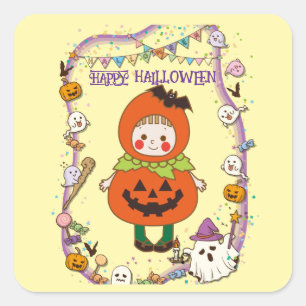 Pegatina Cuadrada Halloween Personalizado Whimsical Cumpkin Chica