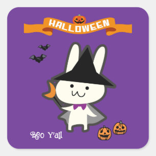 Pegatina Cuadrada Halloween Personalizado Whimsical Cute Wizard Rabb