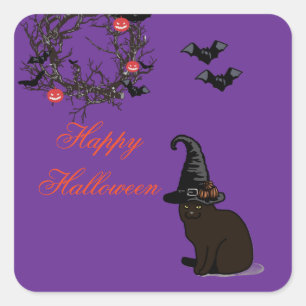 Pegatina Cuadrada Halloween Personalizado Whimsical Funny Cat Purple