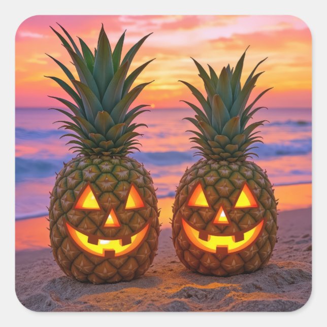 Pegatina Cuadrada Halloween Pineapple Jack-o-lanterns On a Beach (Anverso)