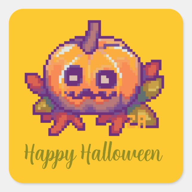 Pegatina Cuadrada Halloween, Pixelart, Pixel Art, Pumpkin Halloween (Anverso)