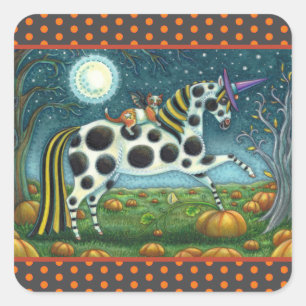 Pegatina Cuadrada HALLOWEEN PONY Y BAT CAT Whimsical Horse