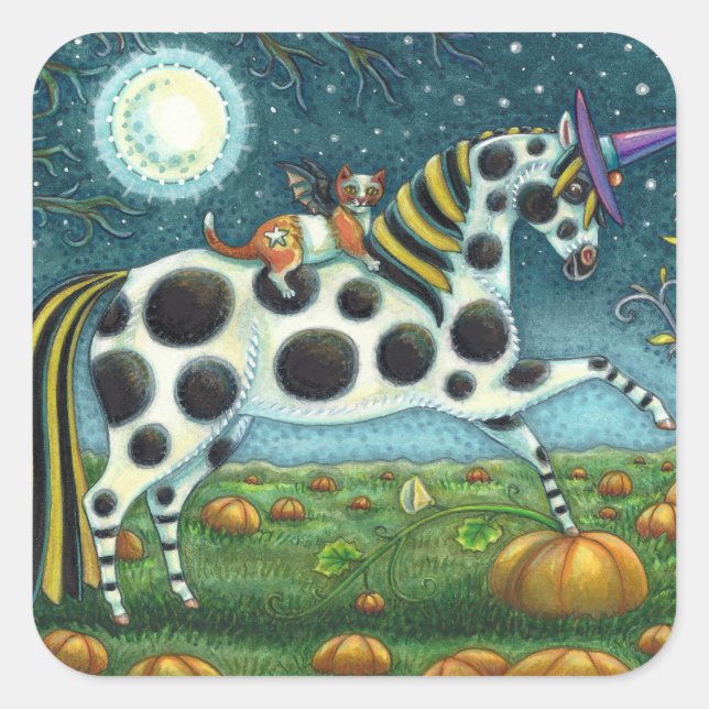 Pegatina Cuadrada HALLOWEEN PONY Y BAT CAT Whimsical Horse (Anverso)