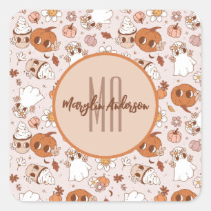 PEGATINA CUADRADA HALLOWEEN RETRO GROOVY PUMPKINS Y FANTASMAS