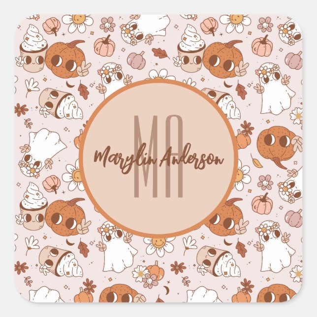 PEGATINA CUADRADA HALLOWEEN RETRO GROOVY PUMPKINS Y FANTASMAS (Anverso)