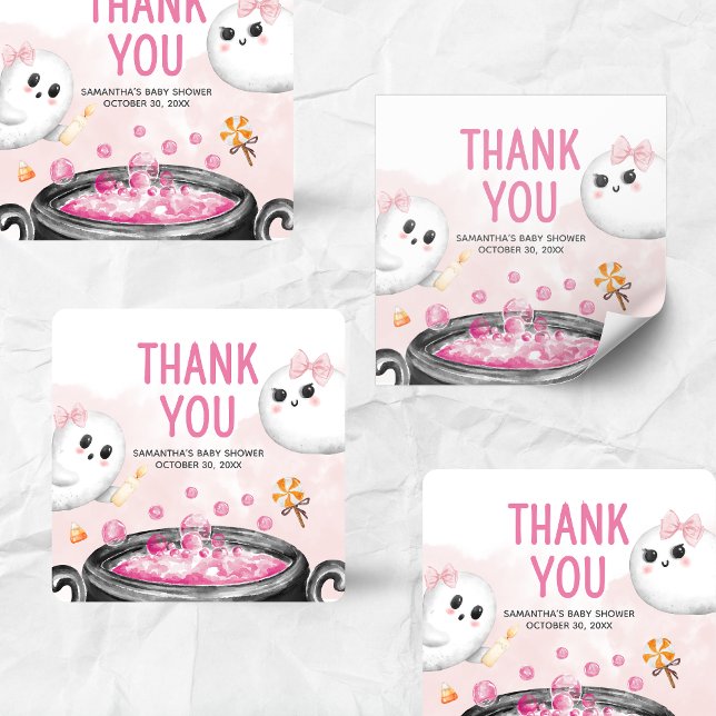Pegatina Cuadrada Halloween rosa es un Baby Shower Chica (Oh Sheet It's a Ghoul Halloween Brewing Baby Shower Sticker)