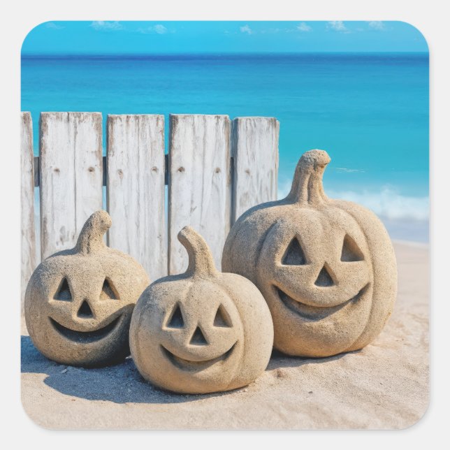 Pegatina Cuadrada Halloween Seashore Sand Jack o' Lanterns  (Anverso)