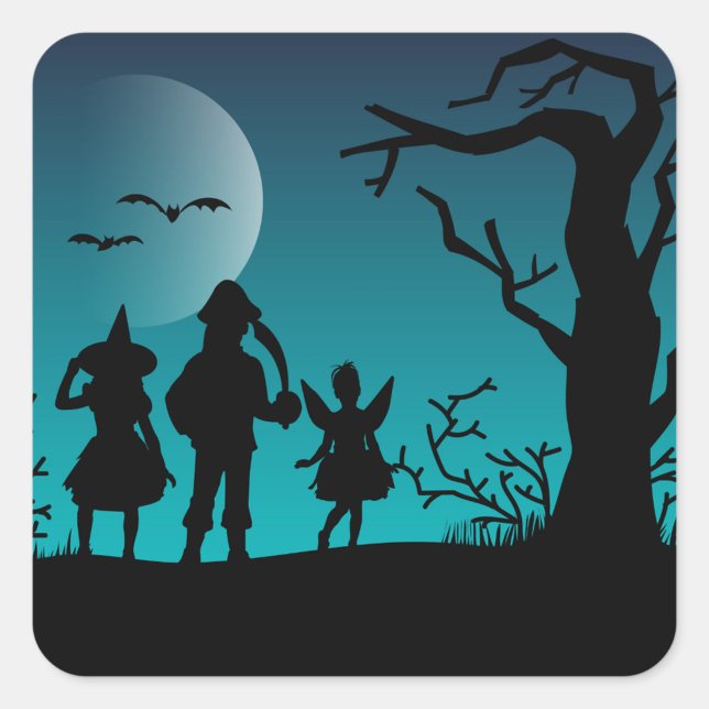 Pegatina Cuadrada Halloween Silhouette (Silhouetted figures of a witch, a pirate, and a fairy stand against a glowing moonlit backdrop.  )