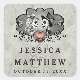 Pegatina Cuadrada Halloween Skeletons Gris Black Names Boda Date