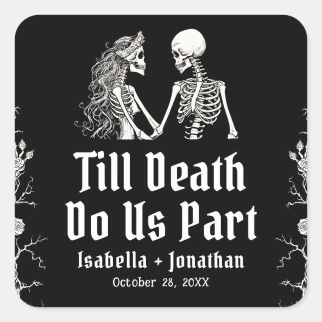Pegatina Cuadrada Halloween Skeletons Till Death Do Us Part Wedding (Anverso)