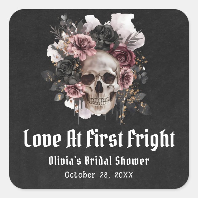 Pegatina Cuadrada Halloween Skull Love At First Fright Bridal Shower (Anverso)