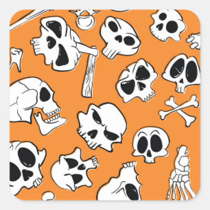 Pegatina Cuadrada Halloween Skulls Bones Doodle Pattern