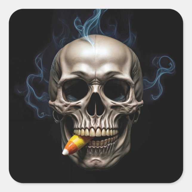 Pegatina Cuadrada Halloween Smoull Skull Biting Candy Corn (Anverso)