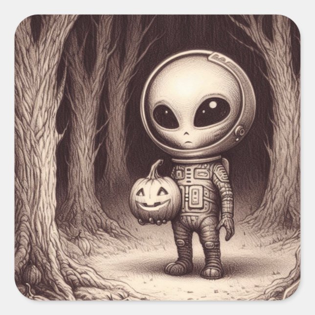Pegatina Cuadrada Halloween Space Alien con Jack-O-Lantern (Anverso)
