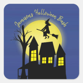 Pegatina Cuadrada Halloween Spookan Witch Broomstick Moonlight