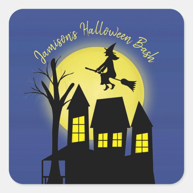 Pegatina Cuadrada Halloween Spookan Witch Broomstick Moonlight (Anverso)