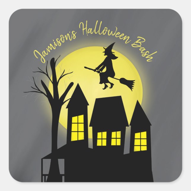 Pegatina Cuadrada Halloween Spookan Witch Broomstick Moonlight (Anverso)
