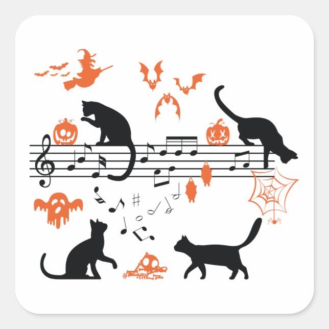 Pegatina Cuadrada Halloween Spooky and Scary Cats Play Music Note (Anverso)