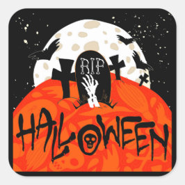 Pegatina Cuadrada Halloween Spooky Graveyard Bats Zombie Moon