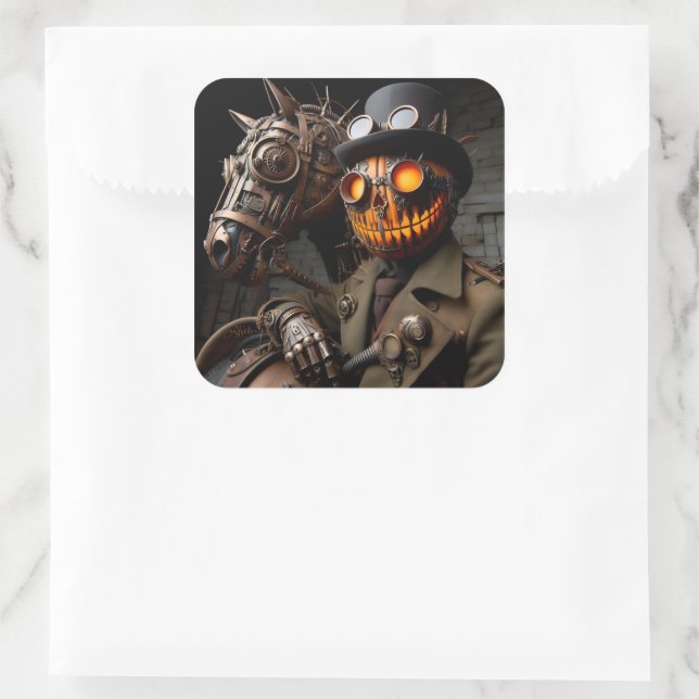 Pegatina Cuadrada Halloween Steampunk Jack-O-Lantern Horseman (Bolso)