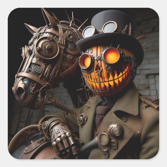 Pegatina Cuadrada Halloween Steampunk Jack-O-Lantern Horseman (Anverso)