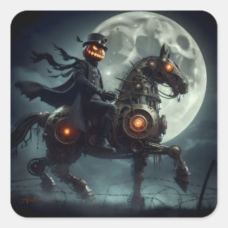Pegatina Cuadrada Halloween Steampunk Jinete sin Cabeza