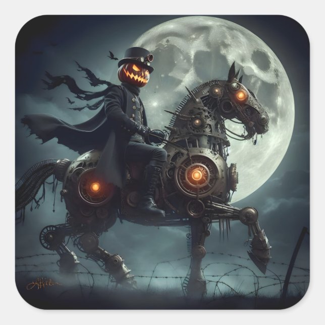 Pegatina Cuadrada Halloween Steampunk Jinete sin Cabeza (Anverso)
