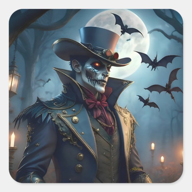 Pegatina Cuadrada Halloween Steampunk Sureño Gótico Zombie (Anverso)
