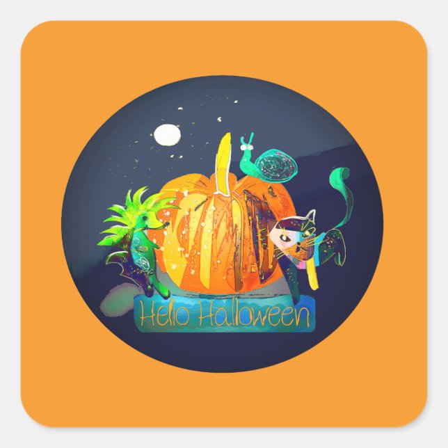 Pegatina Cuadrada Halloween Stickers — Cartoon Pumpkin & Animals  (Anverso)