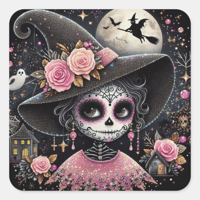Pegatina Cuadrada Halloween Sugar Skull Witch (Anverso)