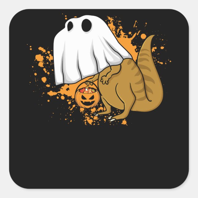 Pegatina Cuadrada Halloween T Rex Dinosaur Ghost Trick or Trete (Anverso)