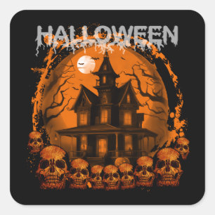 PEGATINA CUADRADA HALLOWEEN TERRIBLE CASA EMBRUJADA CALAVERAS