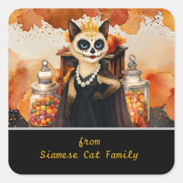 Pegatina Cuadrada Halloween themed for Cat Lovers with candies