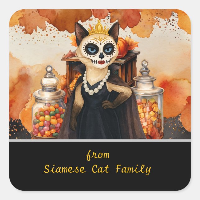 Pegatina Cuadrada Halloween themed for Cat Lovers with candies (Anverso)