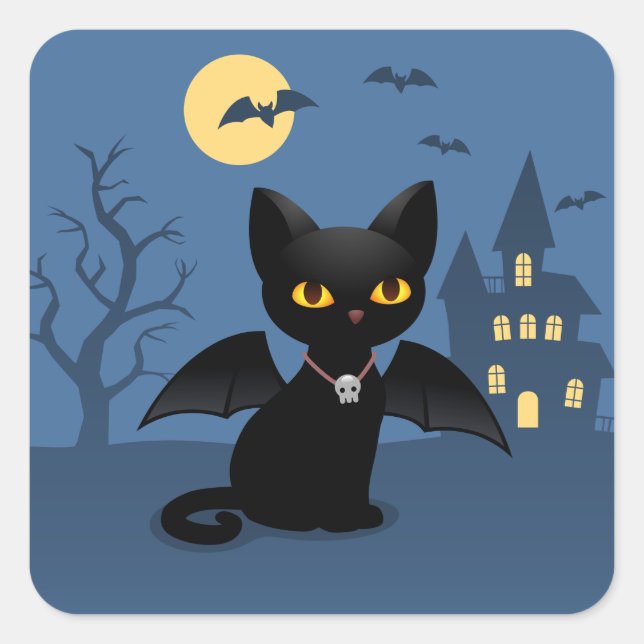 Pegatina Cuadrada Halloween Vampire Black Cat with Wings (Anverso)