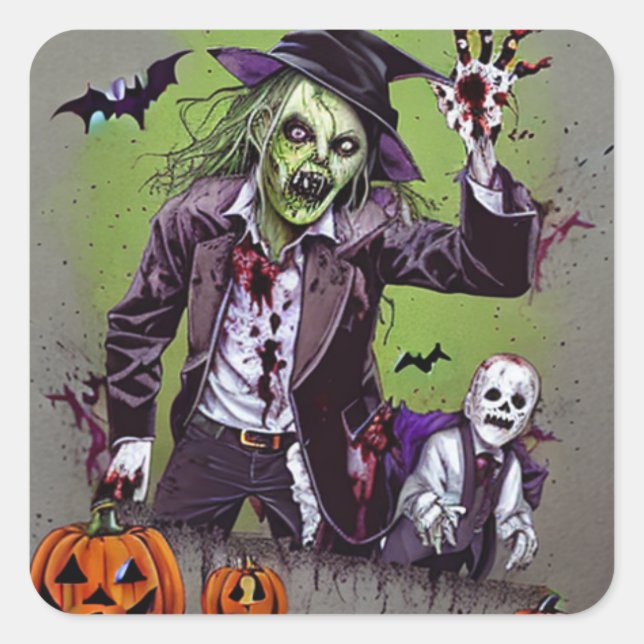 Pegatina Cuadrada Halloween vintage de Zombies fantasmales (Anverso)