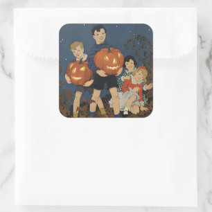 Pegatina Cuadrada Halloween vintage, niños sosteniendo calabazas