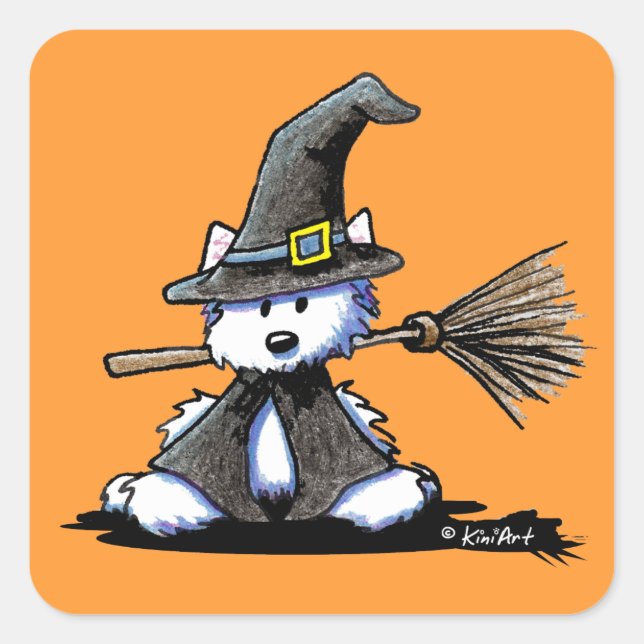 Pegatina Cuadrada Halloween Westie Westie Witch (Anverso)