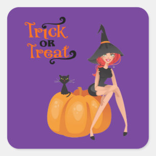 Pegatina Cuadrada Halloween Whimsical Cute Witch Pumpkin Purple