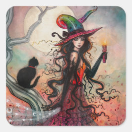 Pegatina Cuadrada Halloween Witch and Black Cat Fantasy Art
