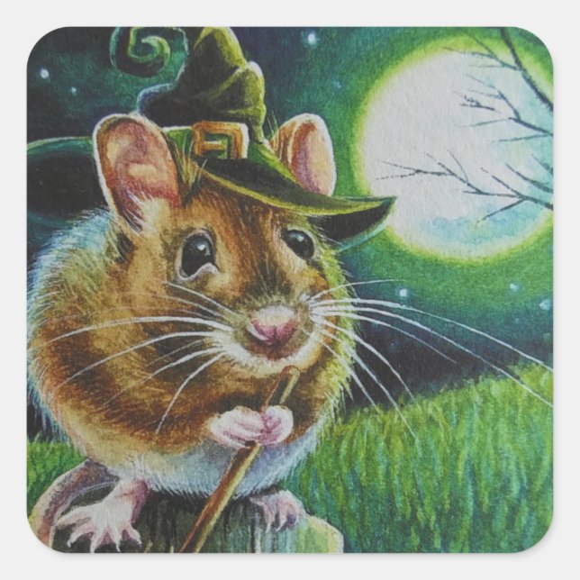 Pegatina Cuadrada Halloween Witch Field Mouse Broom Watercolor Art (Anverso)